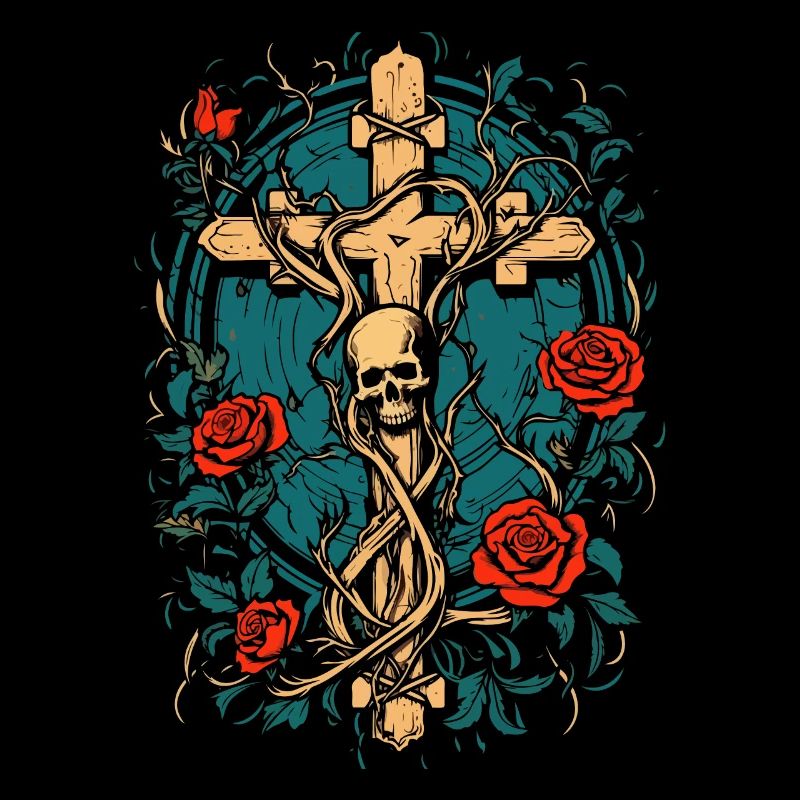Kreuz und Schädel mit Rosen - Gothic Ästhetik