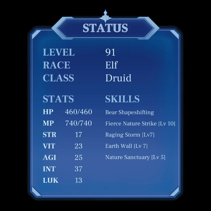 Fantasy Manga Status Window for Elf Druid