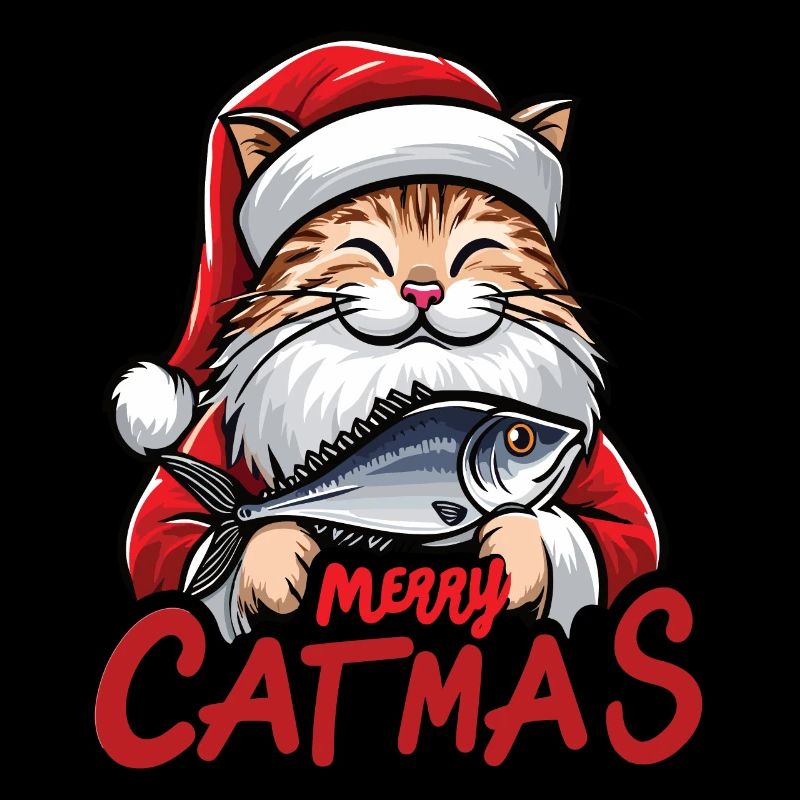Fette Katze als Weihnachtsmann mit Thunfisch, Merry Catmas