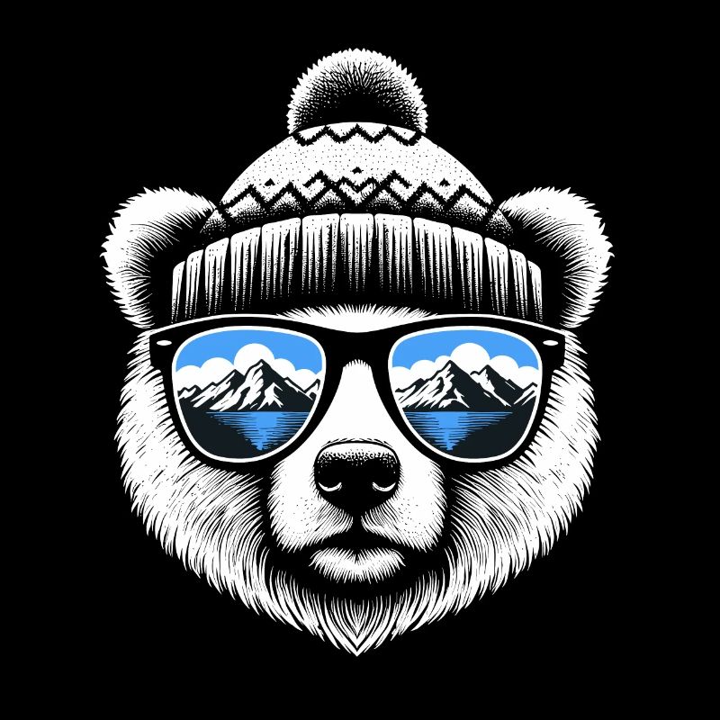 Polar bear with knitted hat loves skiing and snowboarding