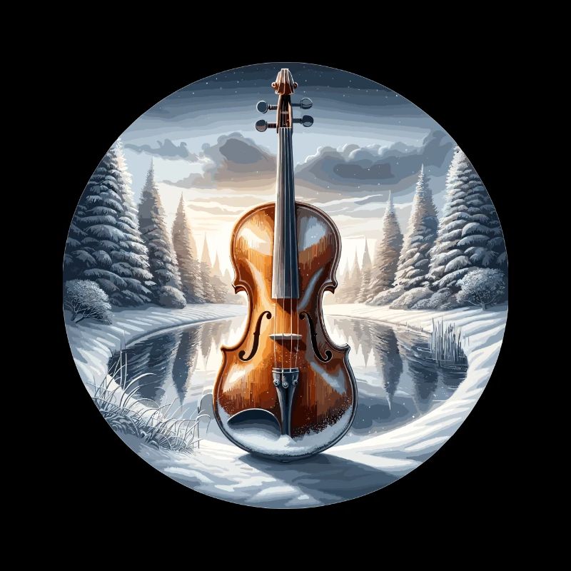 Violon devant un paysage hivernal enneigé
