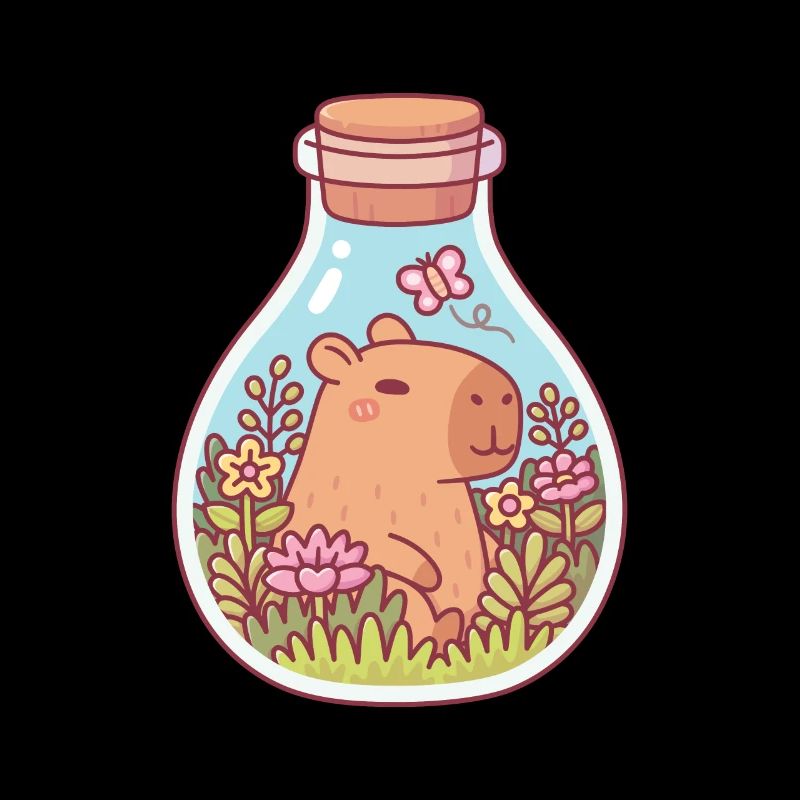 Capybara mignon et papillon dans une bouteille
