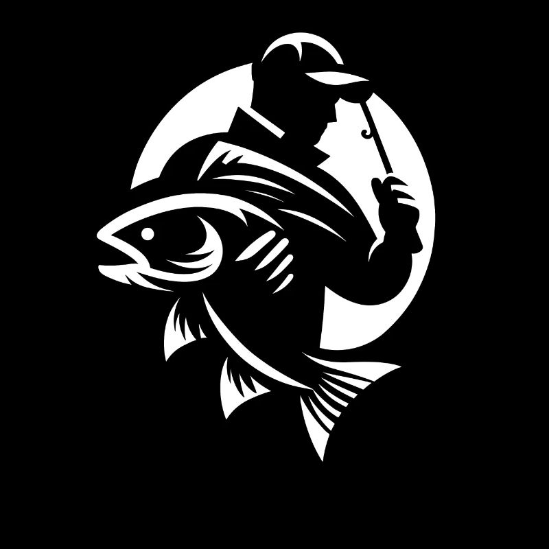 Pêcheur avec une canne à pêche à la main et un poisson devant lui