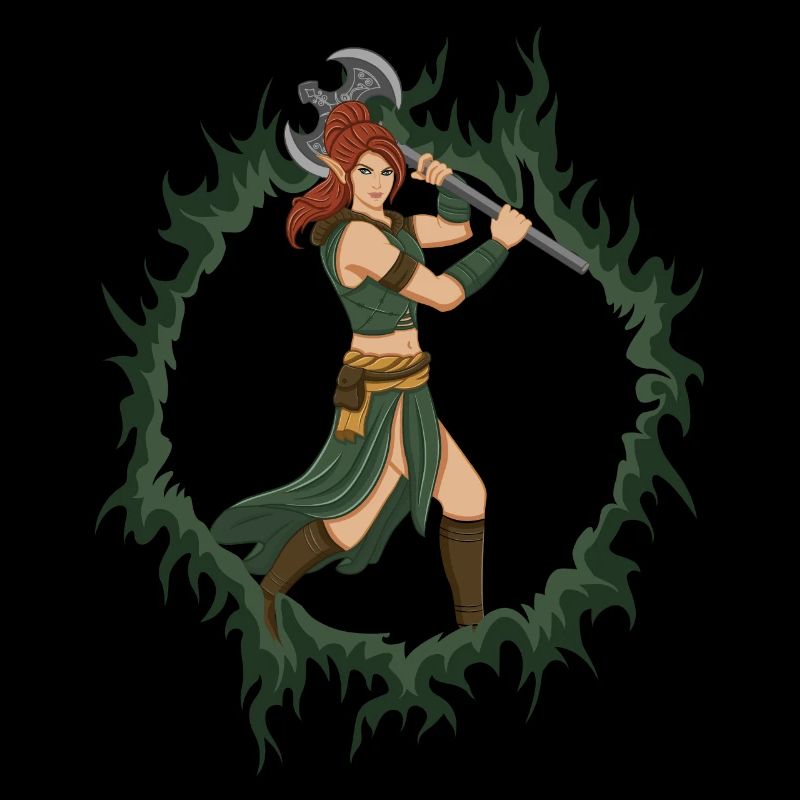 Weibliche Elfenkriegerin mit einer eisernen Axt
