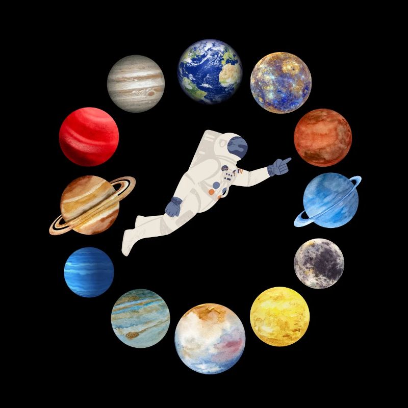 Astronaut as clock hands, Planets - clock face.