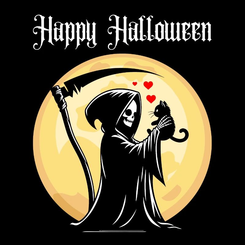 Joyeux Halloween Grim Reaper Chat Mignon Pleine Lune