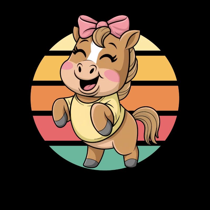 Mignon Dessin Animé Cheval Vintage Coucher de soleil