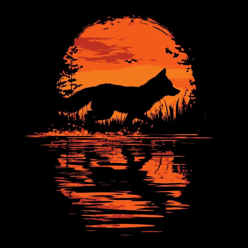 Fox running before sunset silhouette