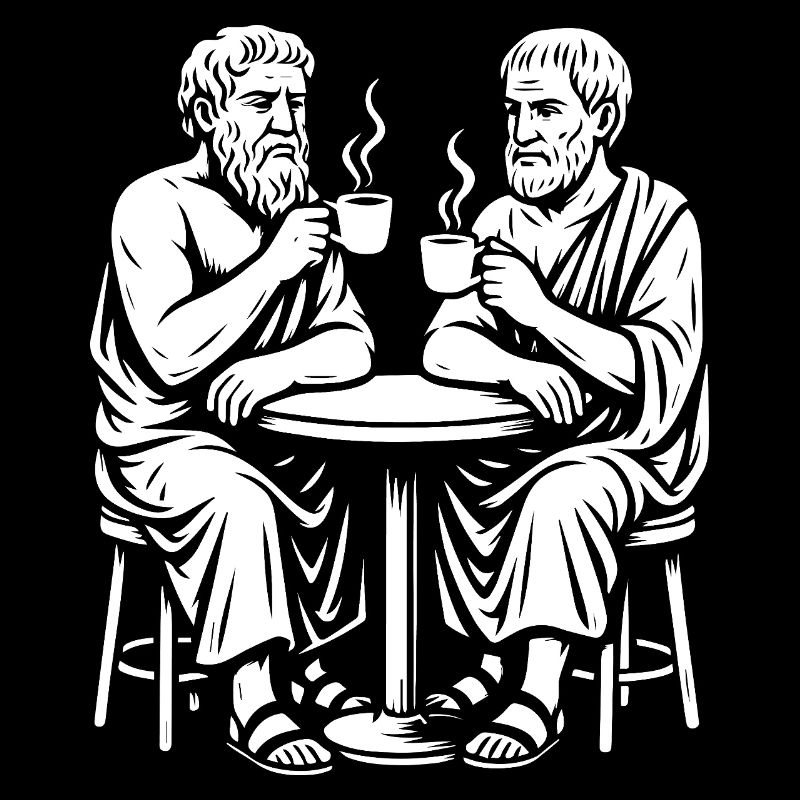 Aristotle and Plato drinking coffee