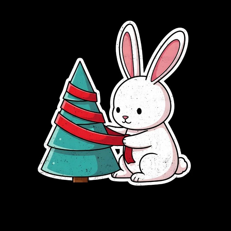 Hase bindet Baum mit rotem Band