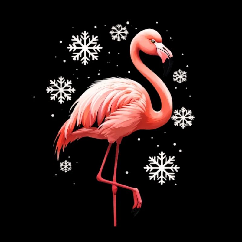 Flamingo winter scene with snowflakes