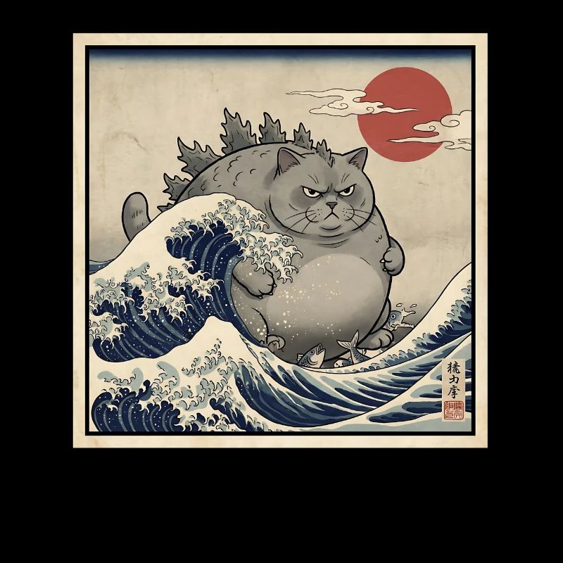 Chat kaiju dans la mer de vagues japonaise