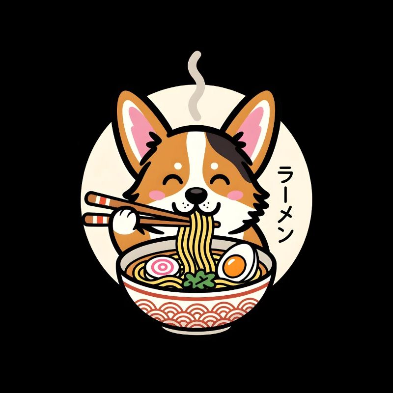Corgi mignon mangeant de délicieuses nouilles ramen