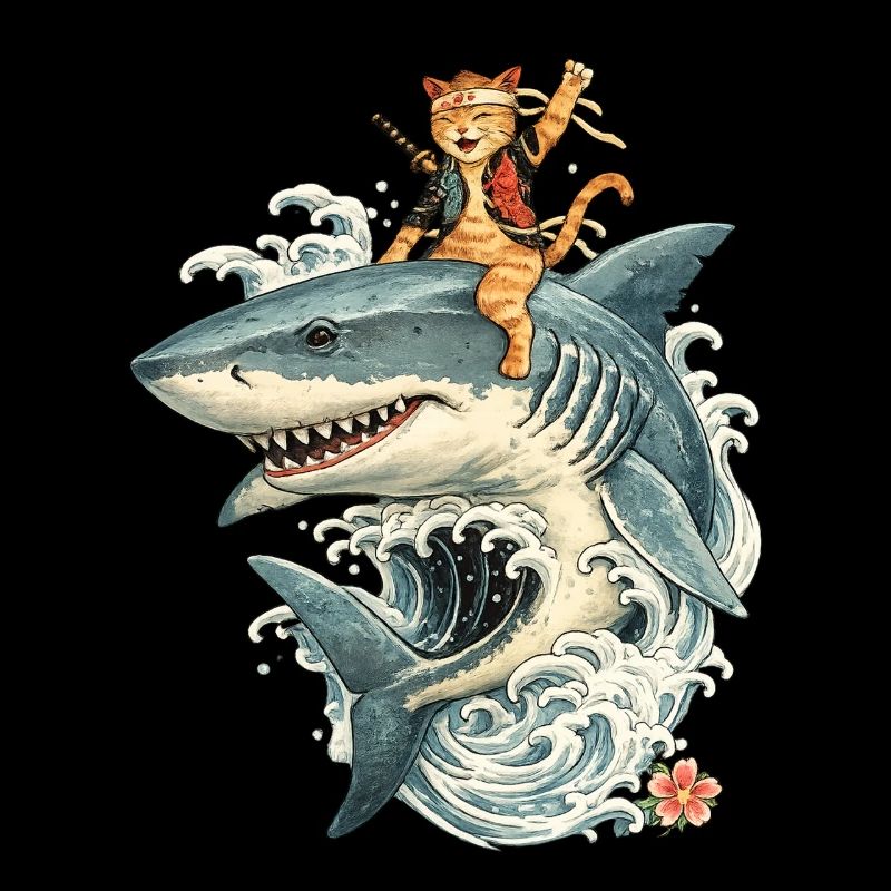 Chat samouraï chevauche le requin – balade de vagues avec style