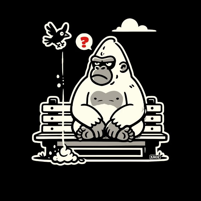 Gorilla on Bench with Curious Bird