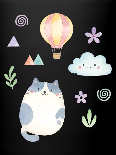 Chat aquarelle mignon et montgolfière