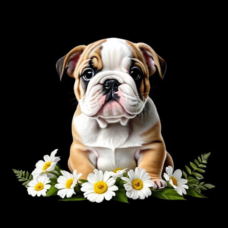 Chiot bouledogue mignon avec des fleurs