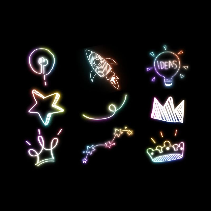 Rainbow doodle glow neon icon element set