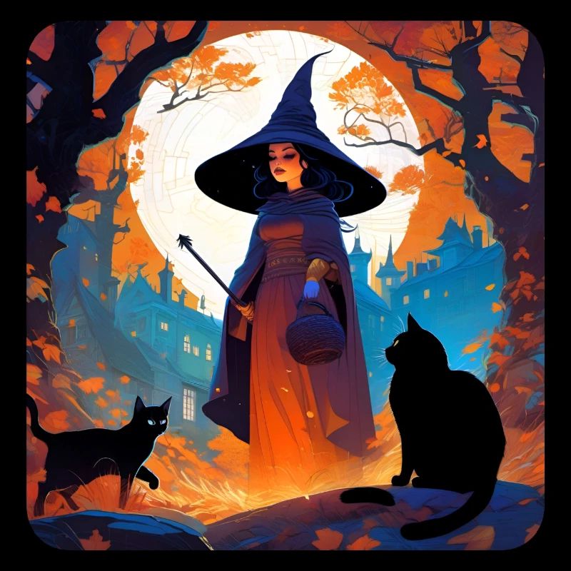 Witch at full moon with black cats