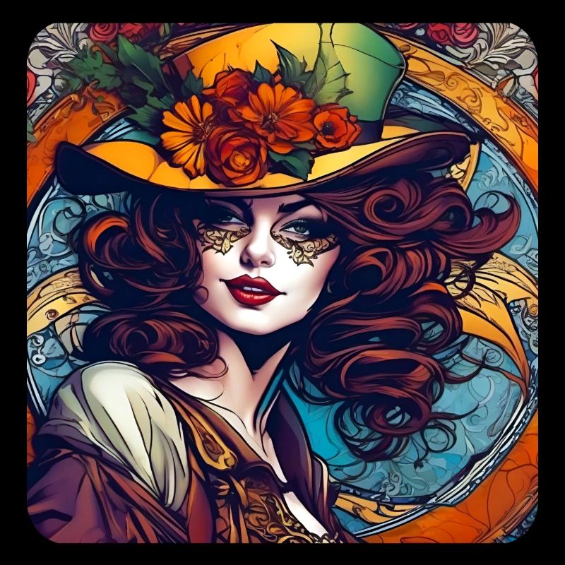 Fairy tale witch with red hair and hat with flowers