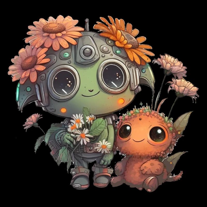 Little robot alien with pet