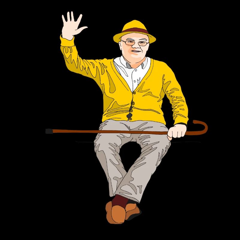 Cheerful old man with stick in hand on