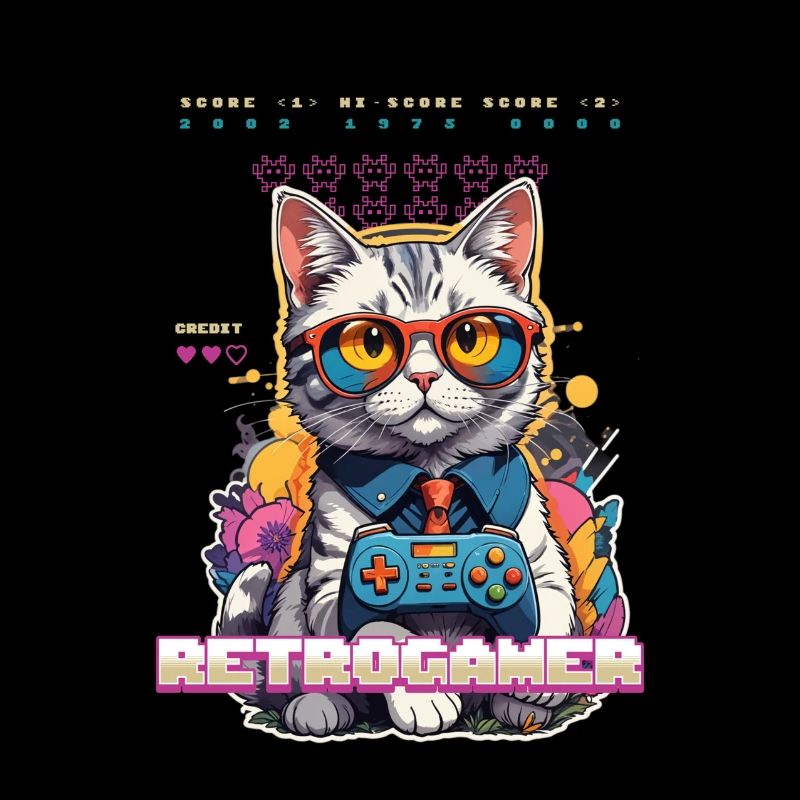 Retro Gaming Katze: Retrogamer mit Controller