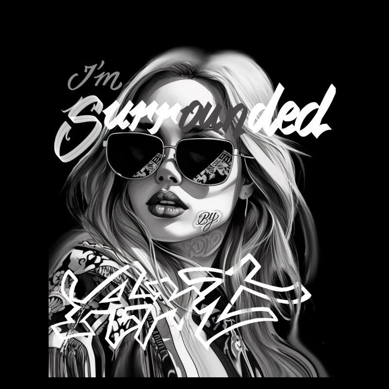 Moi entouré de graffitis en noir et blanc