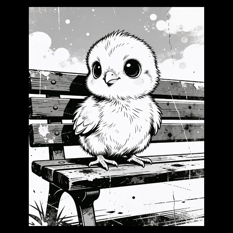 Chick on bench in sketch style