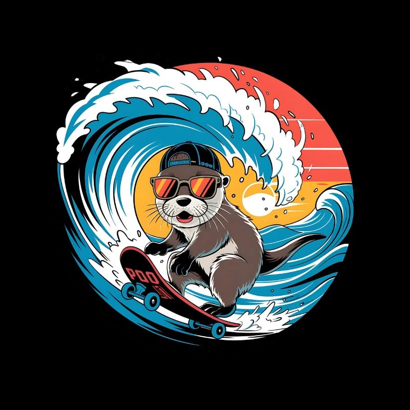Loutre Cool Sur Skateboard Dans Vague