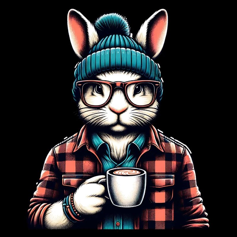 Coffee Loving Bunny with Glasses and Cap