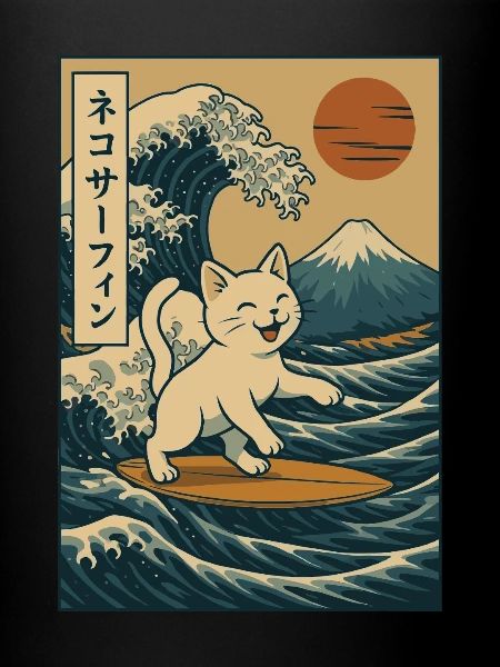 White Cat Surfing Wave Japanese Art Mount Fuji