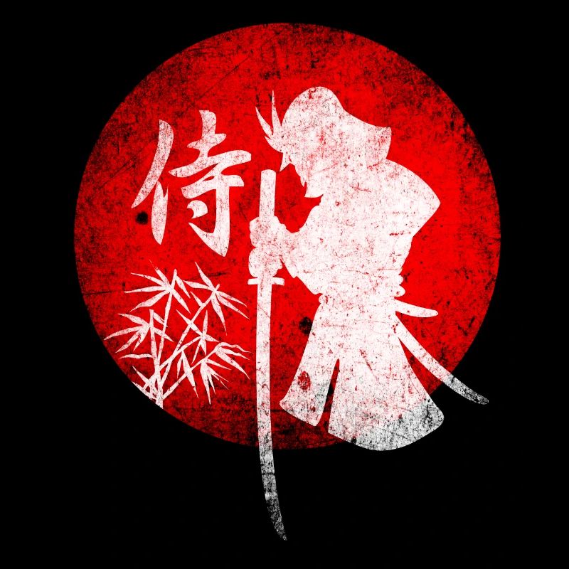 Samurai in front of red sun with bamboo