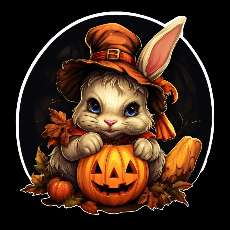 Lapin d’Halloween avec citrouille et chapeau