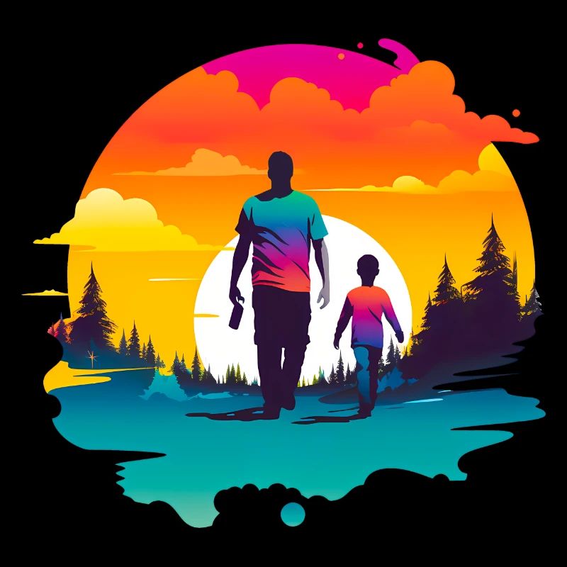 Père et fils devant le coucher du soleil