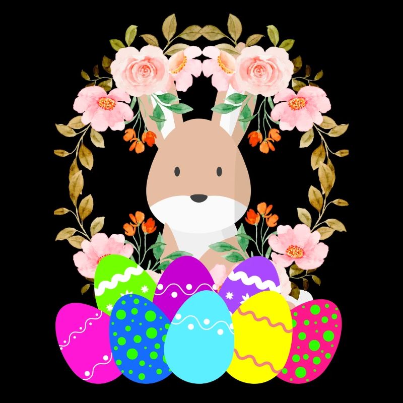 Rabbit with flower crown and colorful eggs