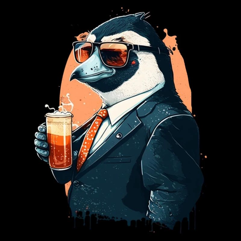 Pinguin gönnt sich ein Bier im Anzug