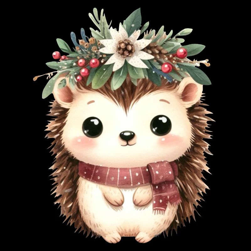 Hérisson mignon avec écharpe et couronne de Noël
