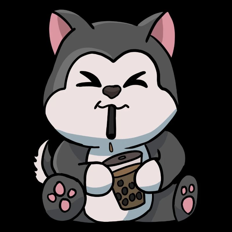 Anime Kawaii Bubble Tea Drinking Husky Hand Drawn