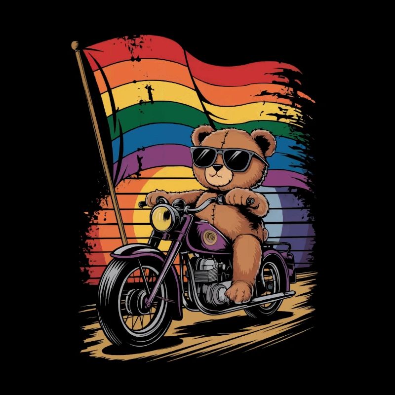 Teddy Bear Rides Motorcycle LGBTQ Rainbow Banner