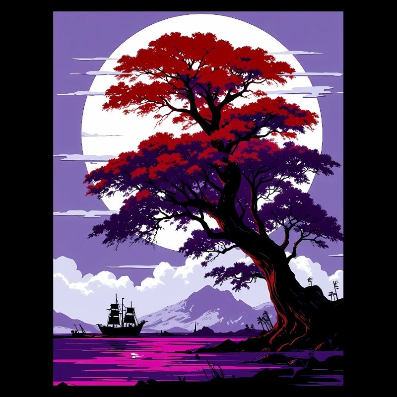 Baum vor Mond an Meer mit Schiff stilisiert Kunst