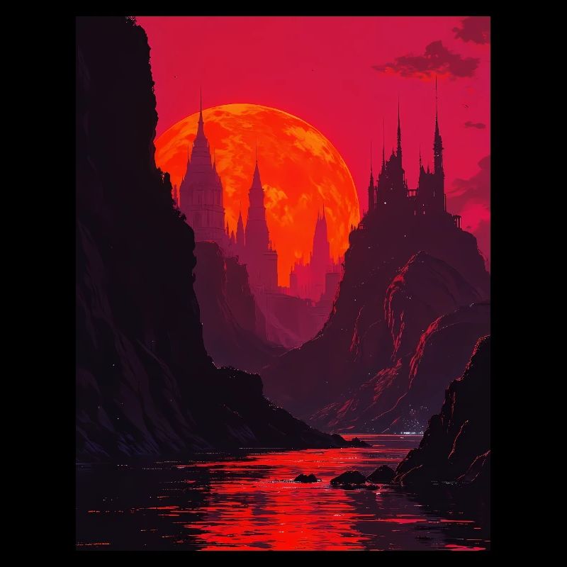 Fantasy landscape at red moonrise