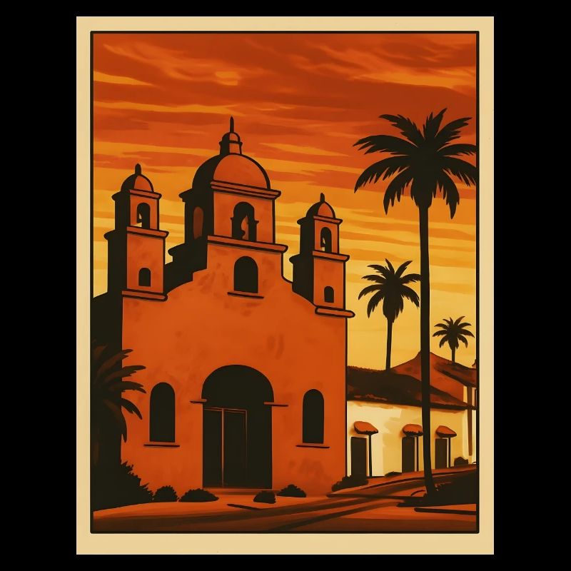 Sunset, church, palm trees and beach