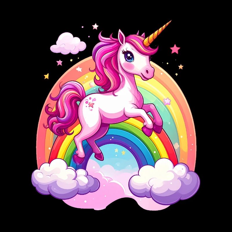 Pink Unicorn with Rainbow and Clouds