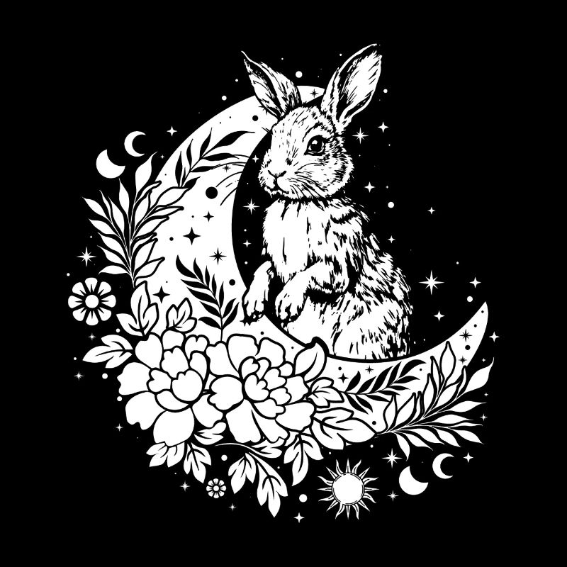 Lapin Ostara avec lune et fleurs