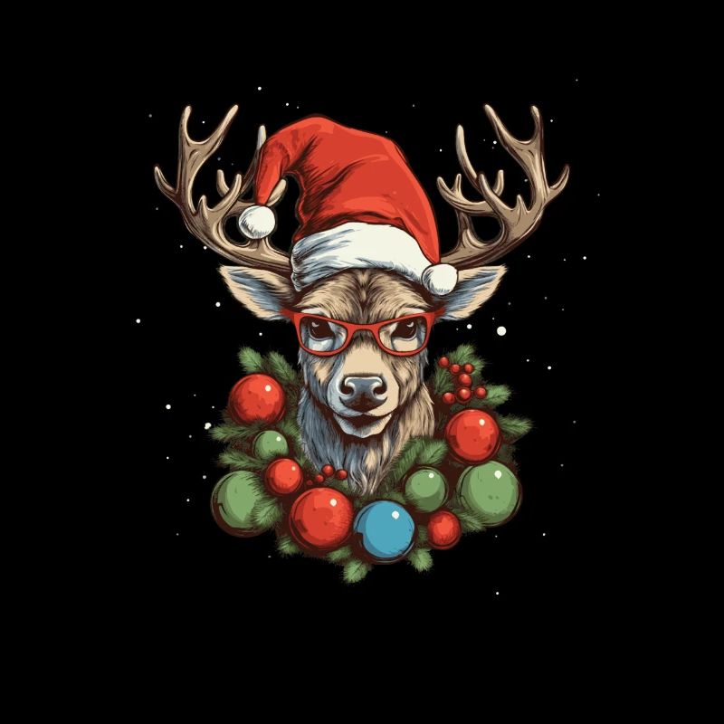 Rentier mit Weihnachtskugeln und Mütze