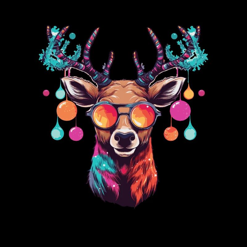 Rentier mit Weihnachtskugeln und Mütze