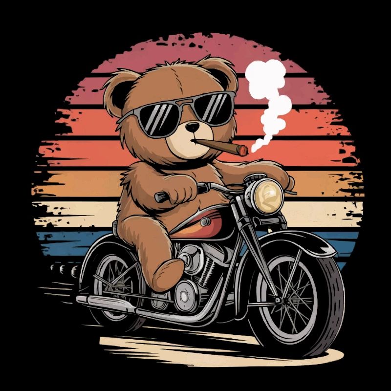 Teddy bear with sunglasses riding motorcycle vintage