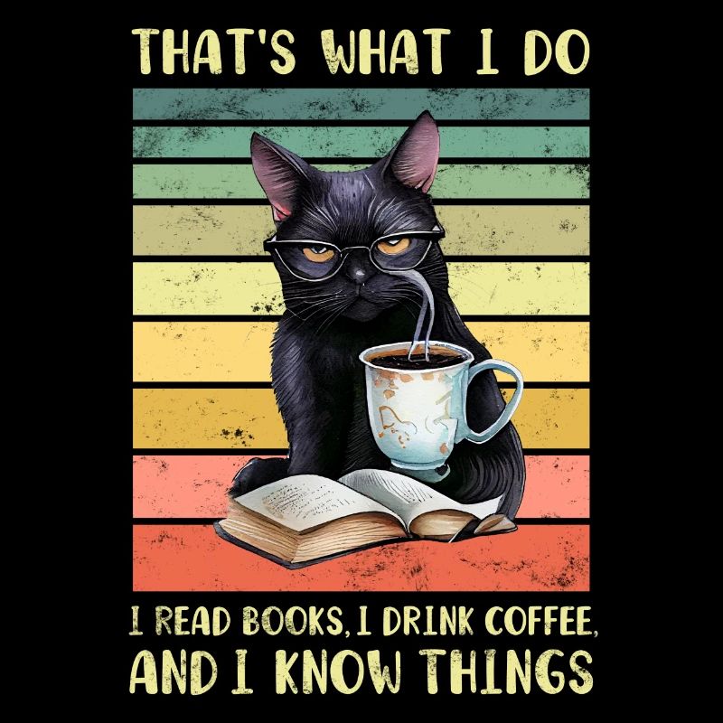 Schwarze Katze mit Kaffee und Buch