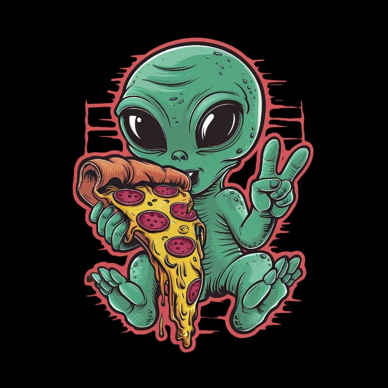 Alien enjoying pizza peace sign